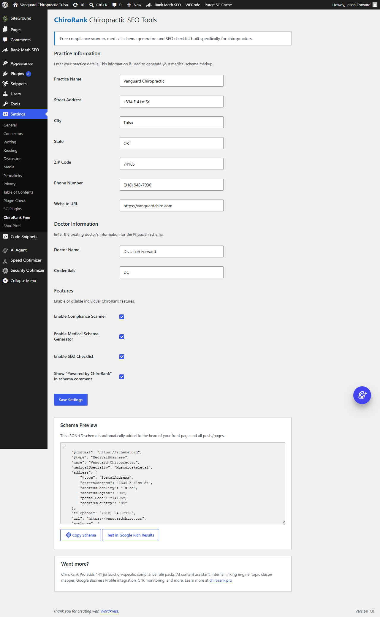 Settings page with practice information fields, feature toggles, and live schema preview