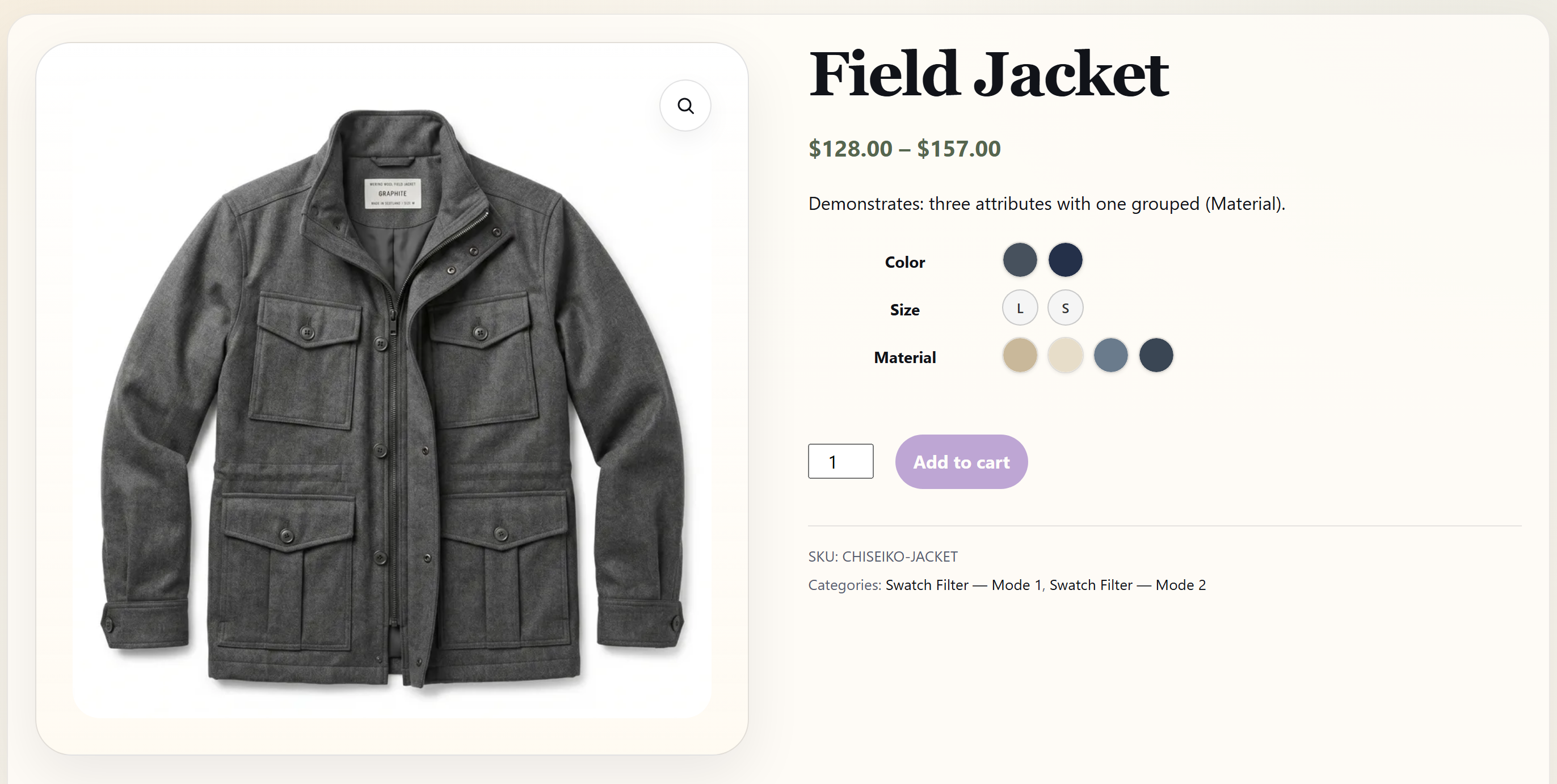 Clickable color and text swatches replace the variation dropdowns on a single product page (Color, Size, and Material attributes).