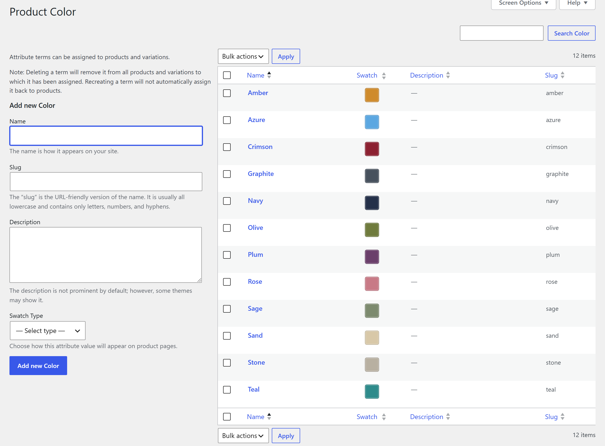 Configuring swatches in the admin: every attribute term gets a swatch preview and a Swatch Type selector — color, image, label, or radio.