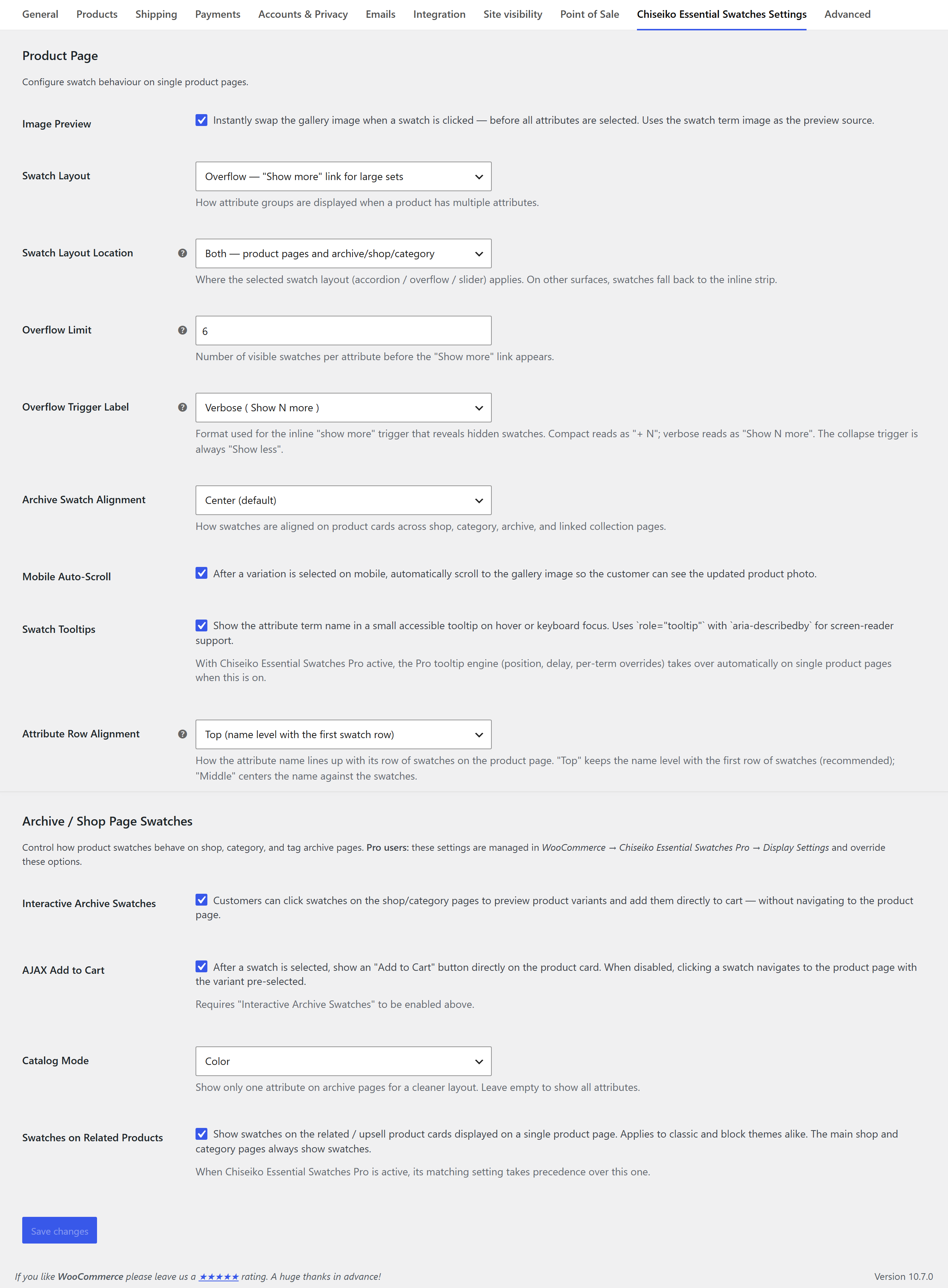 Plugin settings (WooCommerce > Settings > Chiseiko Essential Swatches Settings): image preview, swatch layout, archive swatches, AJAX add-to-cart, catalog mode, and mobile options.