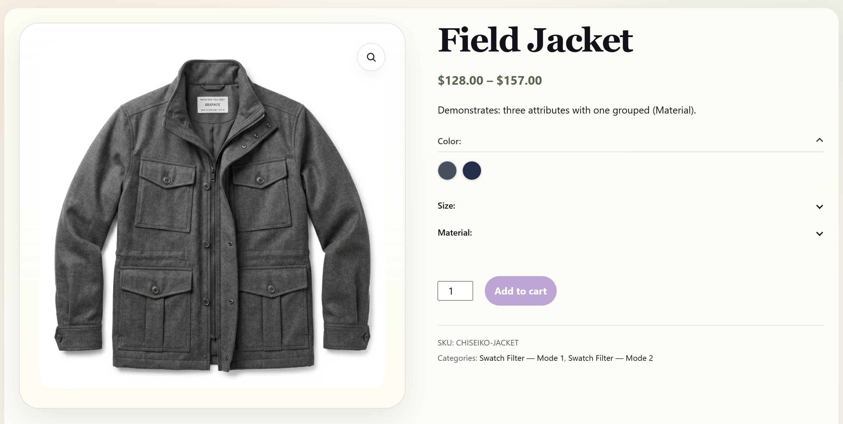 Accordion layout — each attribute becomes a collapsible panel, ideal for products with many swatches.