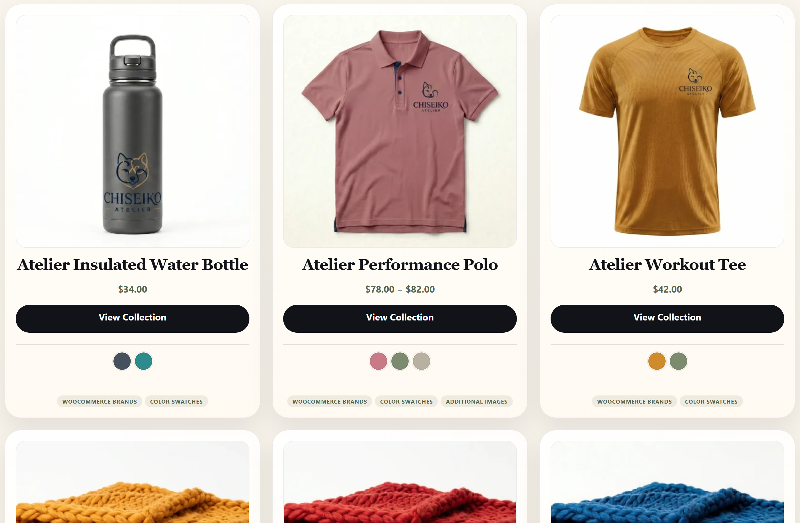 Catalog Mode — a single attribute (Color) shown per product card across shop and category archives.