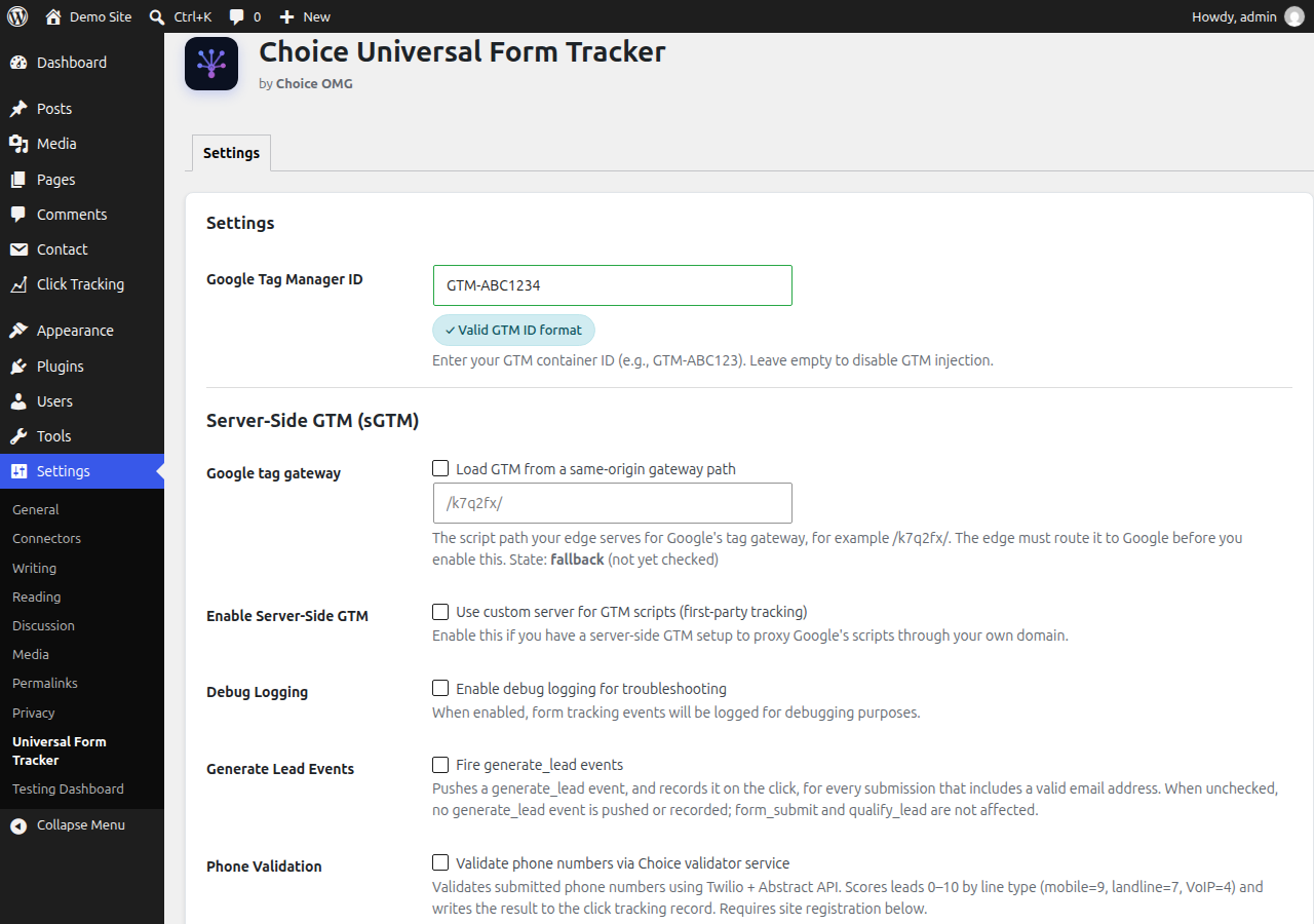 Settings: Google Tag Manager container, Google tag gateway, server-side GTM and lead events.
