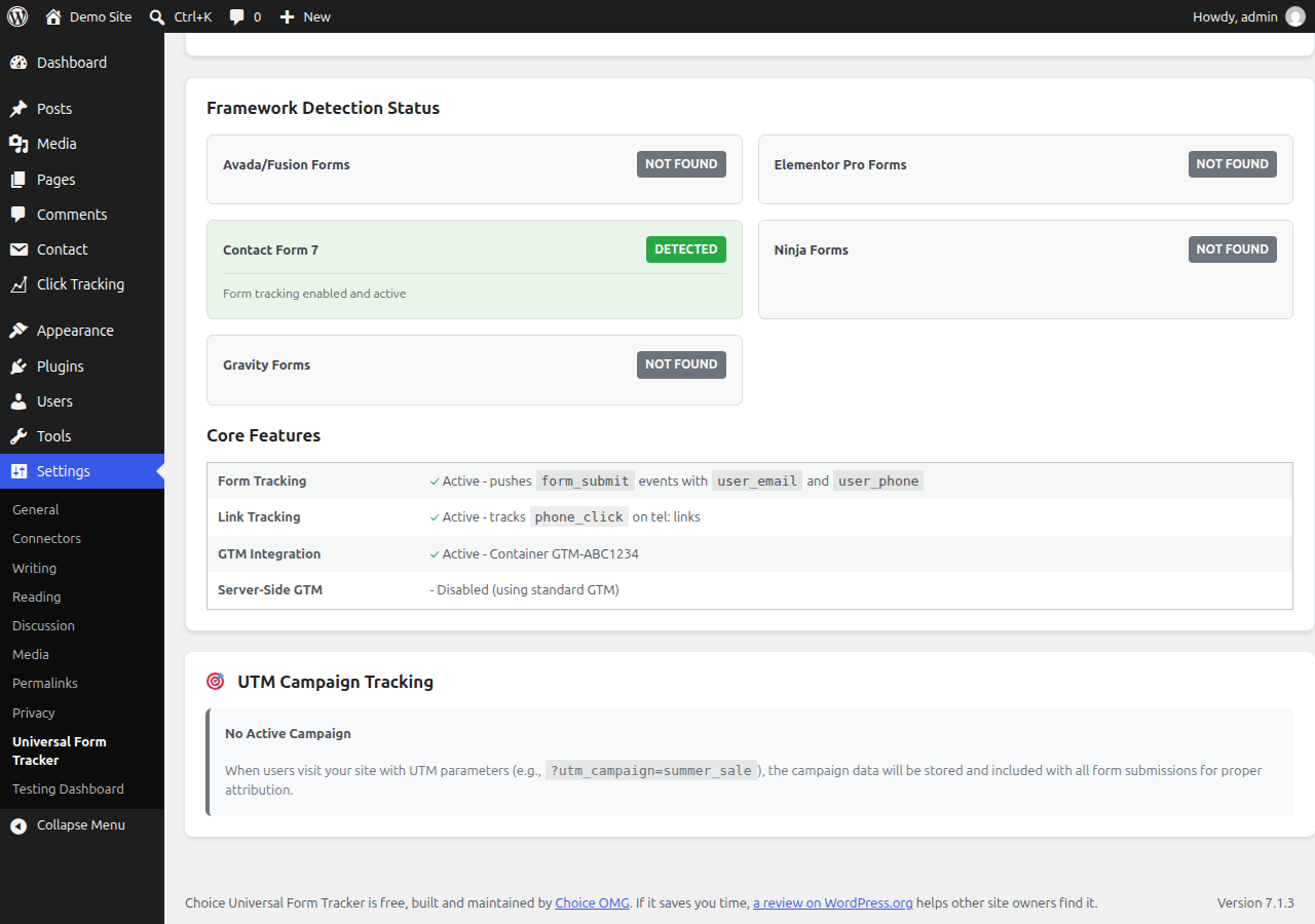 Framework detection for Avada, Elementor Pro, Contact Form 7, Ninja Forms and Gravity Forms, with the active tracking features.