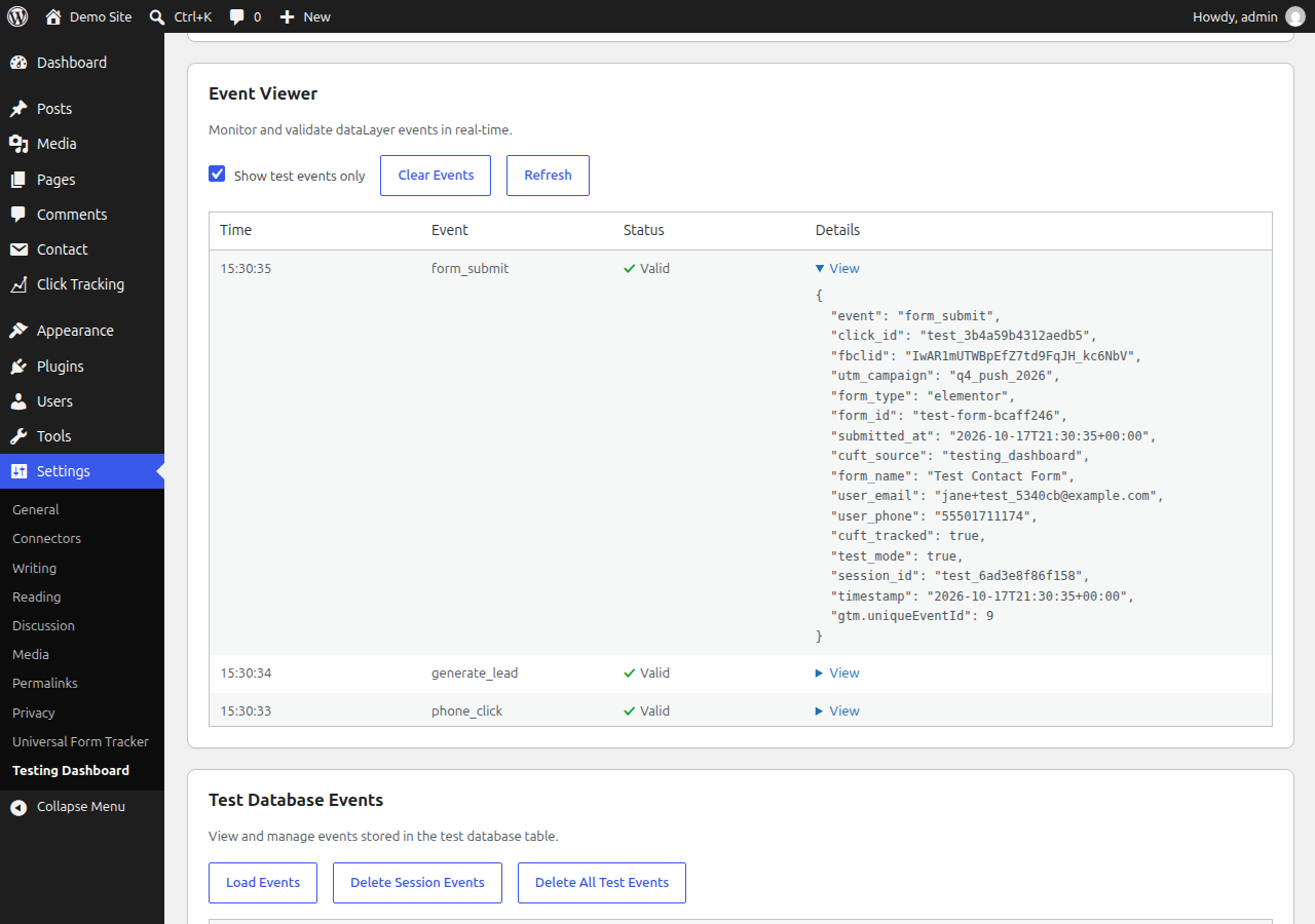 Testing Dashboard: a simulated form submission in the Event Viewer, checked for required fields, with its full dataLayer payload.
