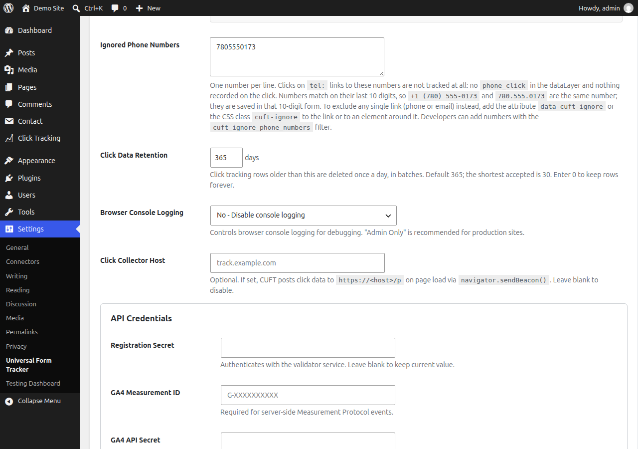 Privacy settings: phone numbers that are never tracked, and how long click records are kept.