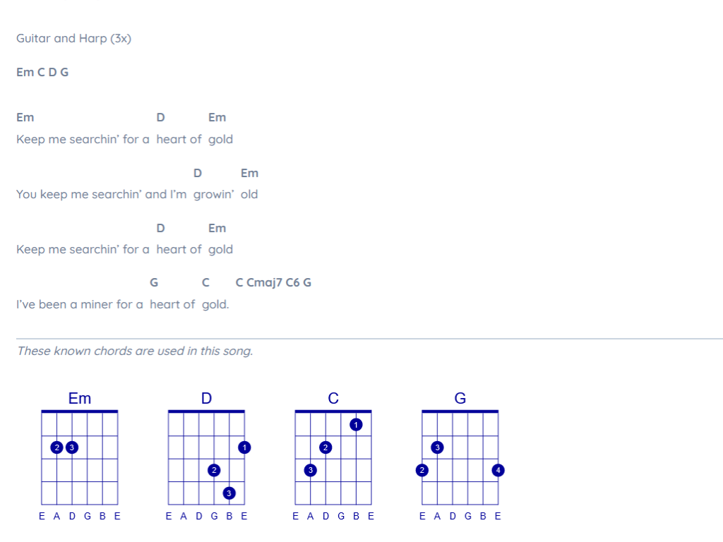 Optional chord sheet for each song