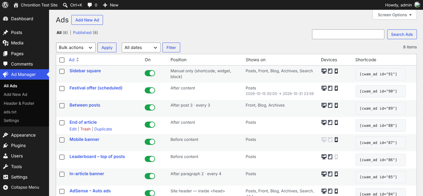 All ads, with on/off switches, types, positions, devices and shortcodes.