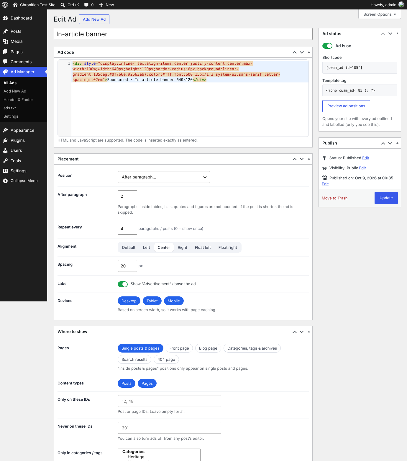 Editing an ad: AdSense unit or banner, position, alignment, devices and targeting rules.