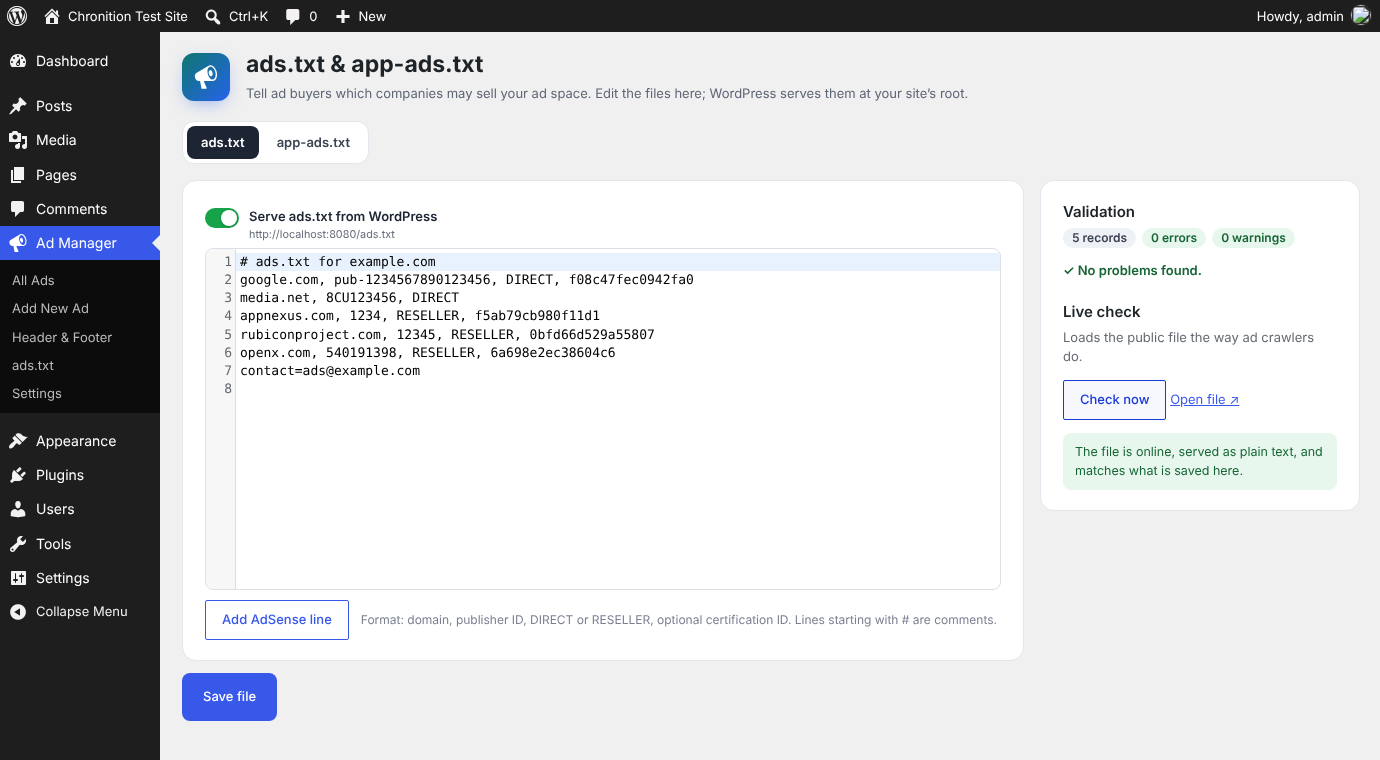 The ads.txt editor with live validation and live check.