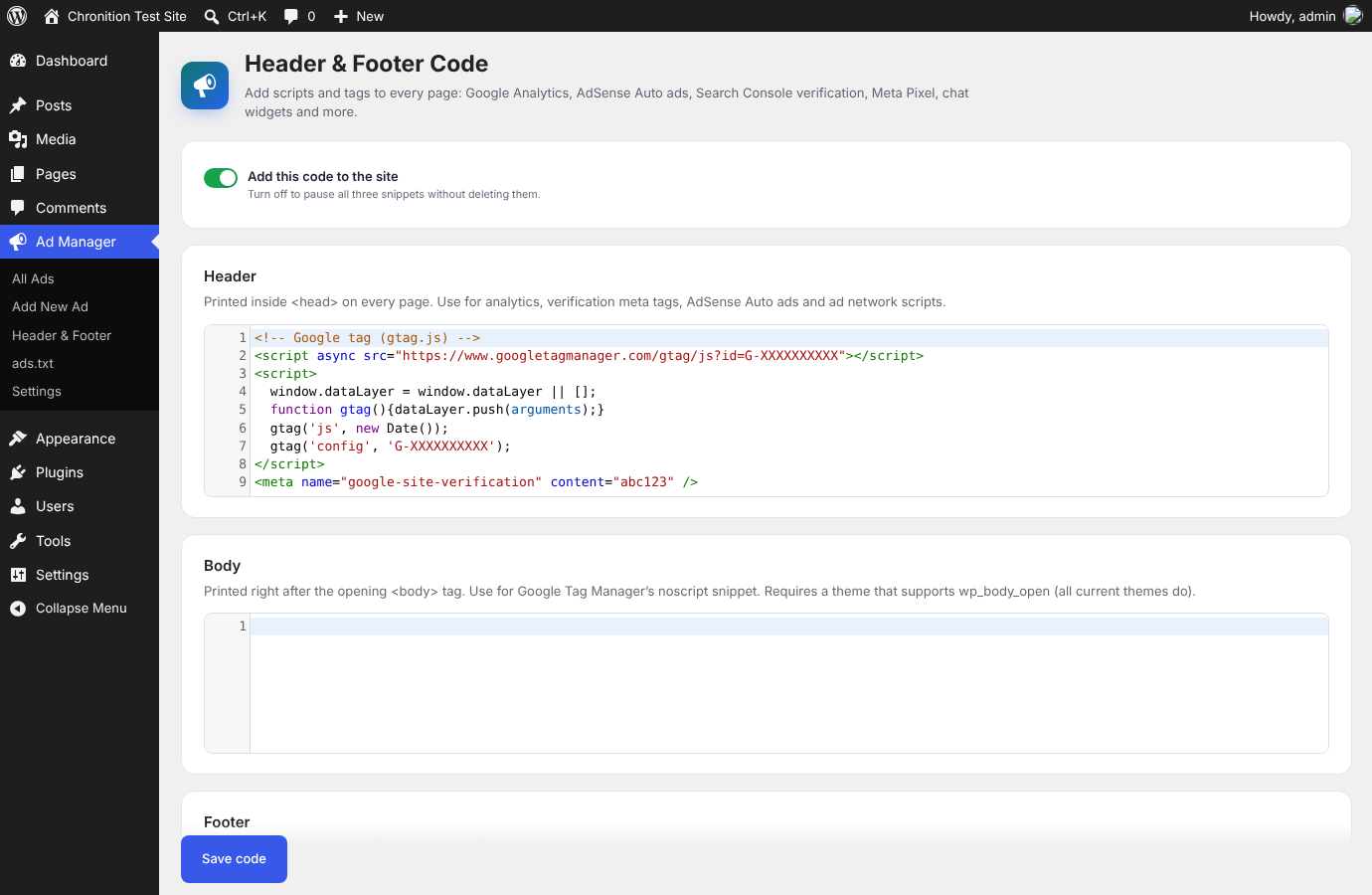Google & Tracking: AdSense, Analytics, Tag Manager, Meta Pixel and site verification by ID.