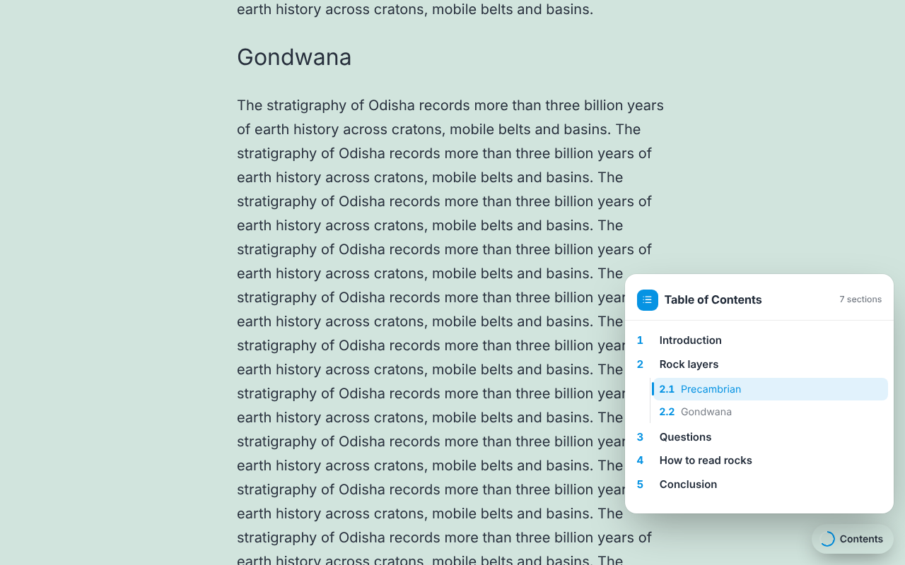 The floating "Contents" button with reading progress.