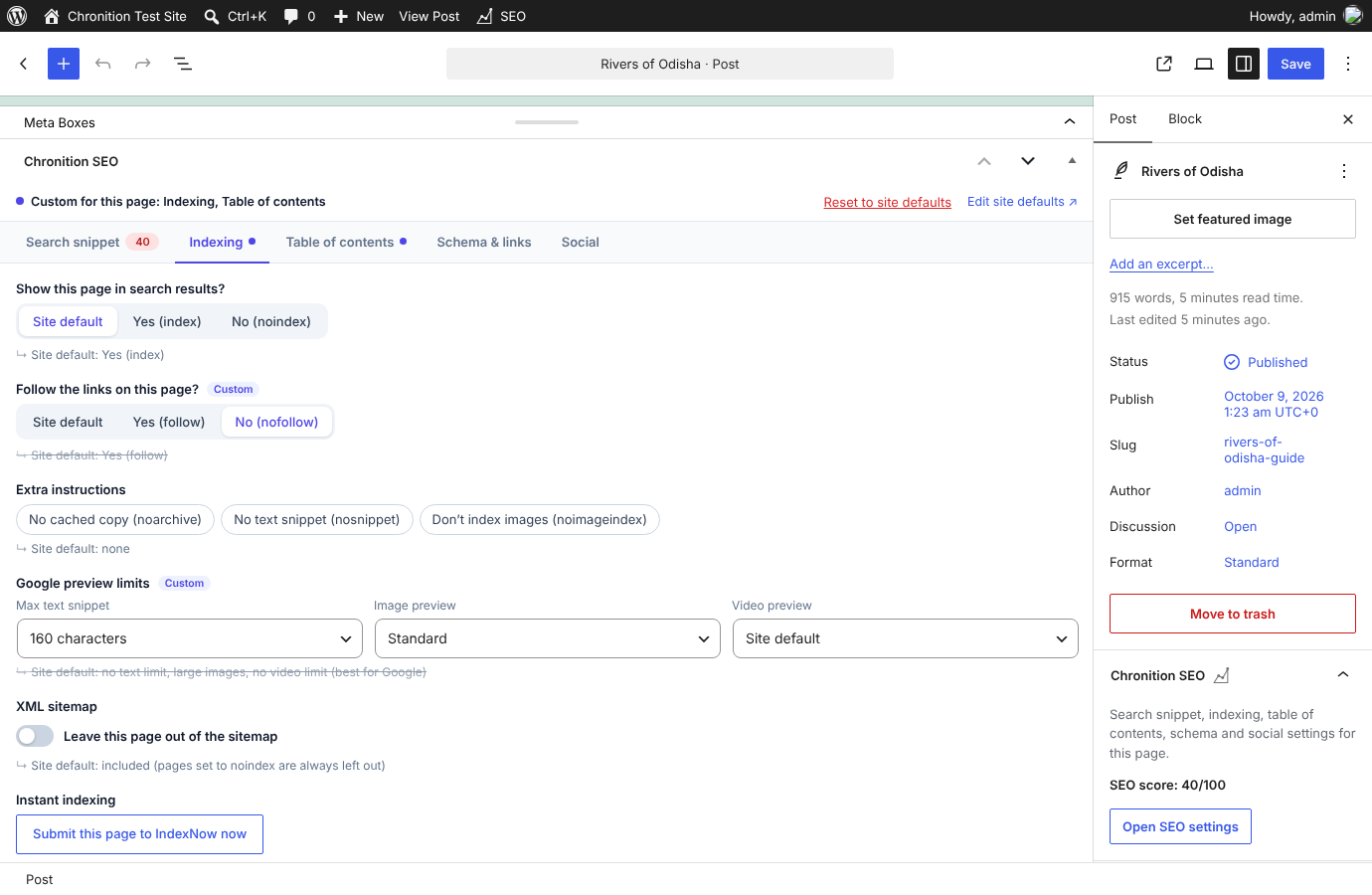 The editor SEO box: every setting can follow the site default or be overridden for one page.