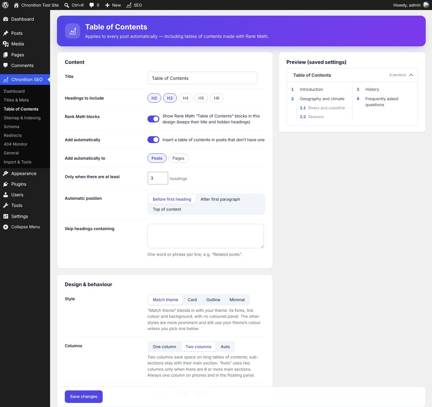 Table of contents settings: style (including Match theme), one or two columns, with a live preview.