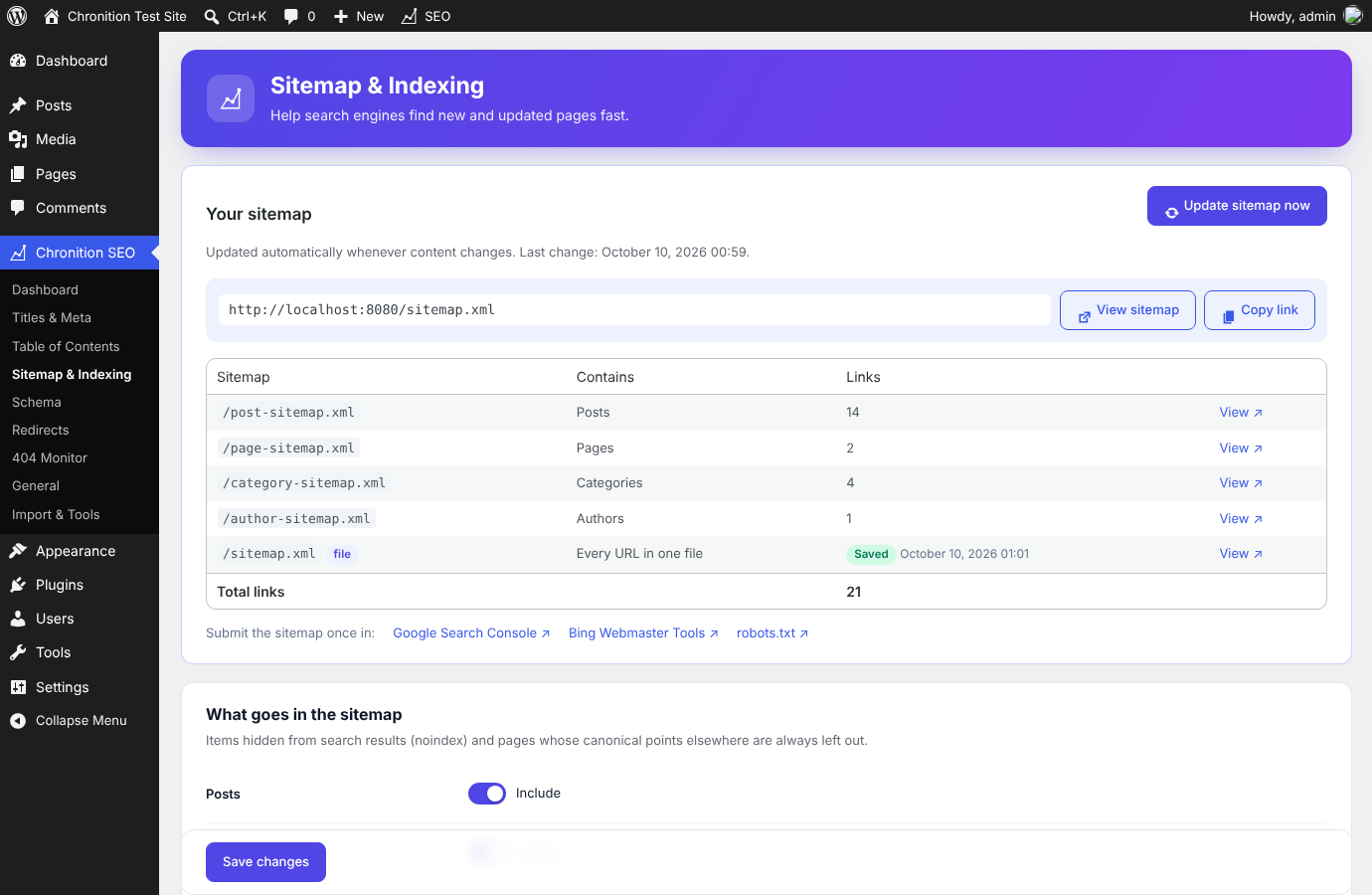Your sitemap: view or copy the link, link counts, and "Update sitemap now".