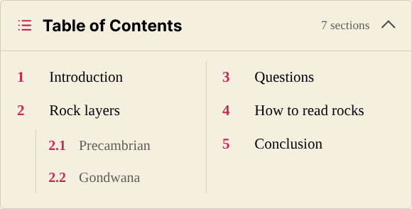 The "Match theme" table of contents in two columns, picking up the theme's fonts and link colour.