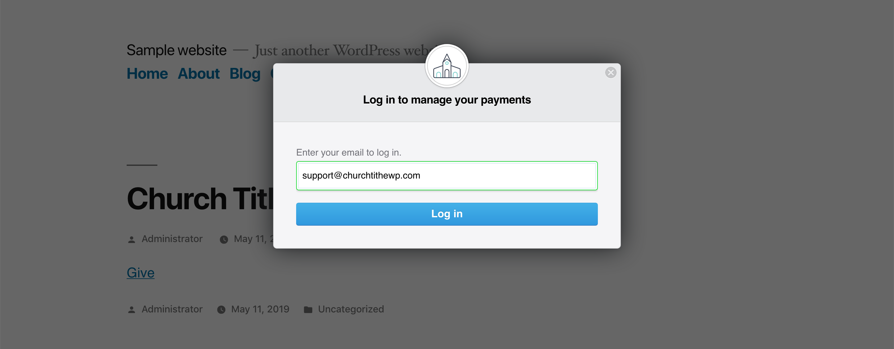 The login prompt which shows if a user click "Manage Payments" while being logged out.