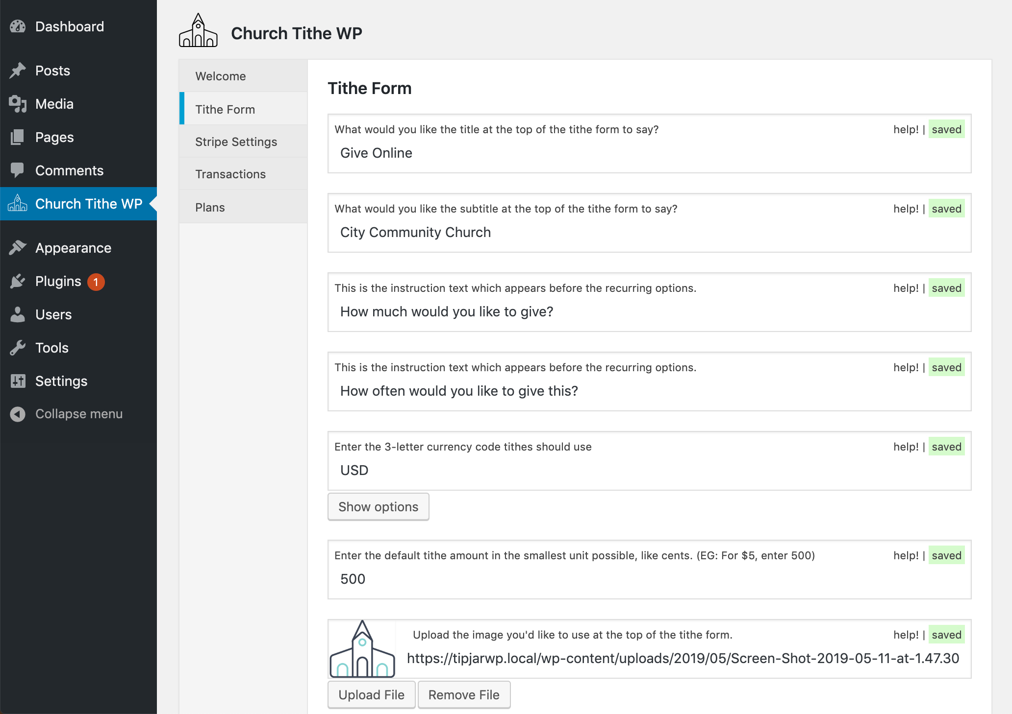 The admin-side controls for the payment form.