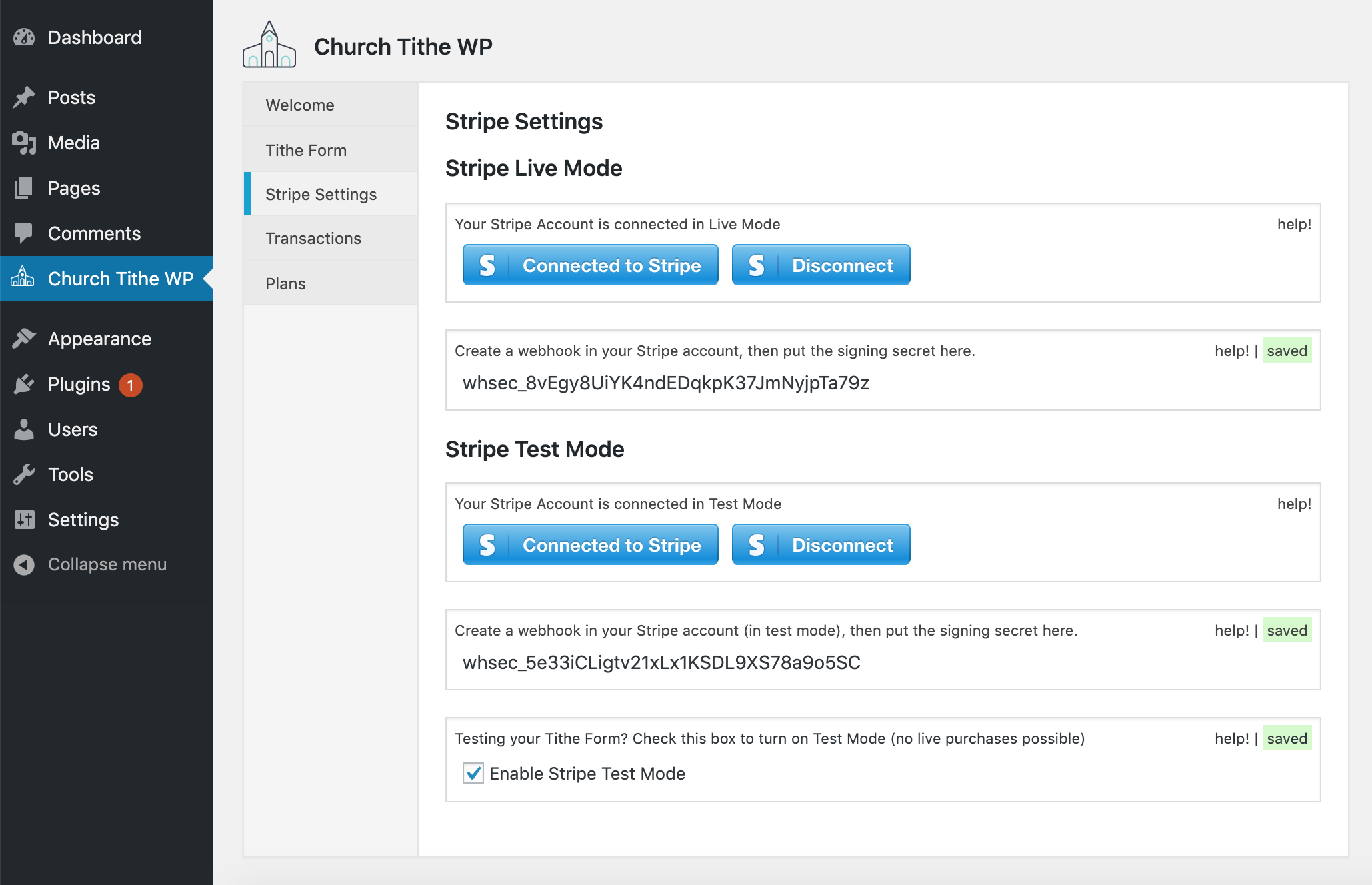 The admin-side settings for Stripe.