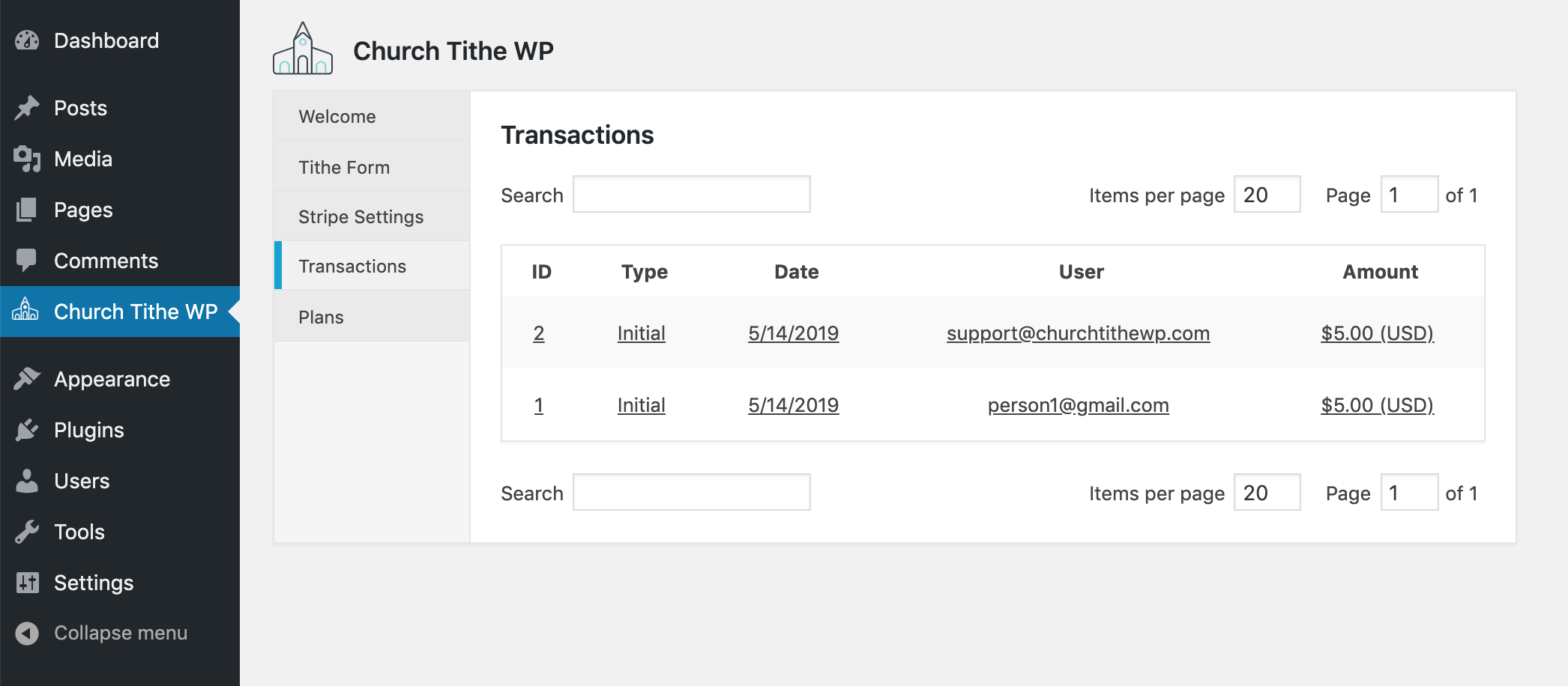 The admin-side list of all transactions completed by all users.