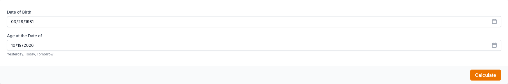 The Age Calculator input form: Date of Birth, Age at the Date of.