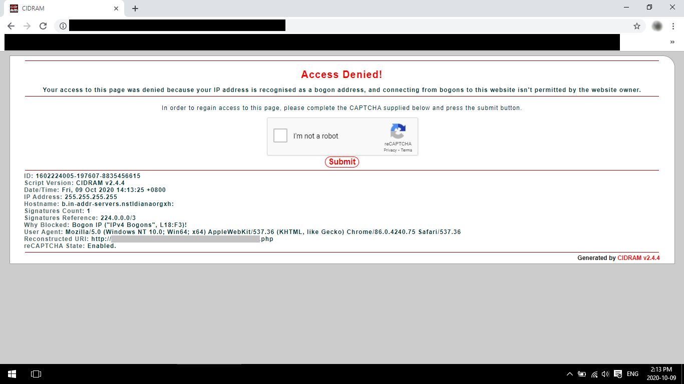 Screenshot of the CIDRAM "Access Denied" page.