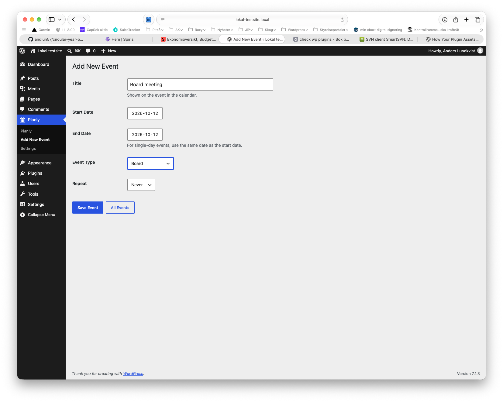Event form with dates, type and repeat options