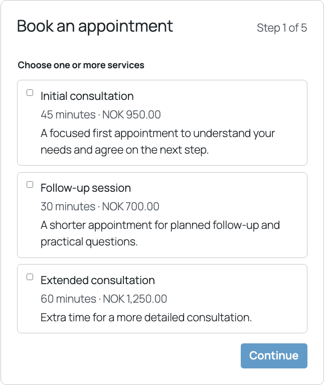 The customer booking flow starts with one or more services.
