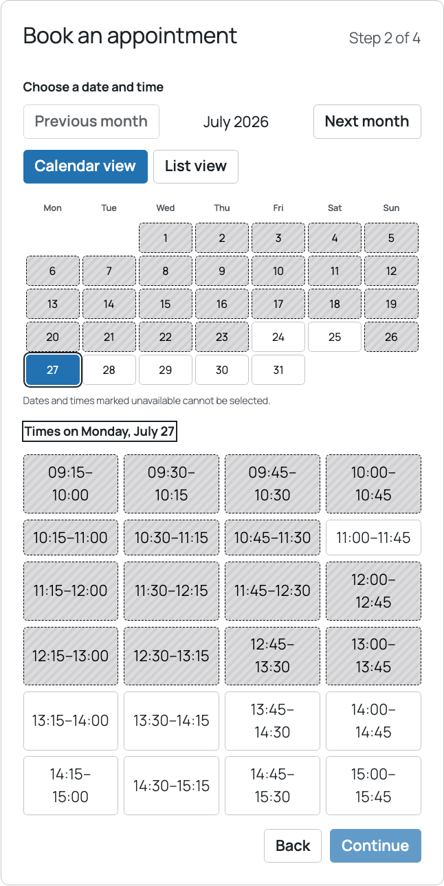 Accessible calendar and list views show available and unavailable times.