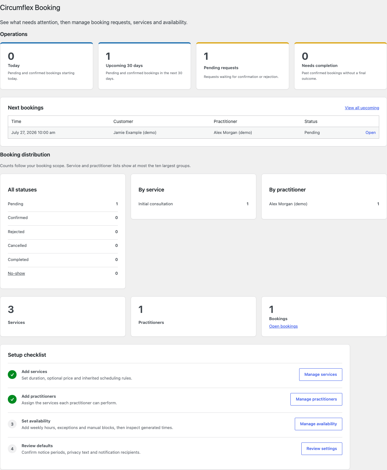 The booking dashboard summarizes pending and upcoming work.