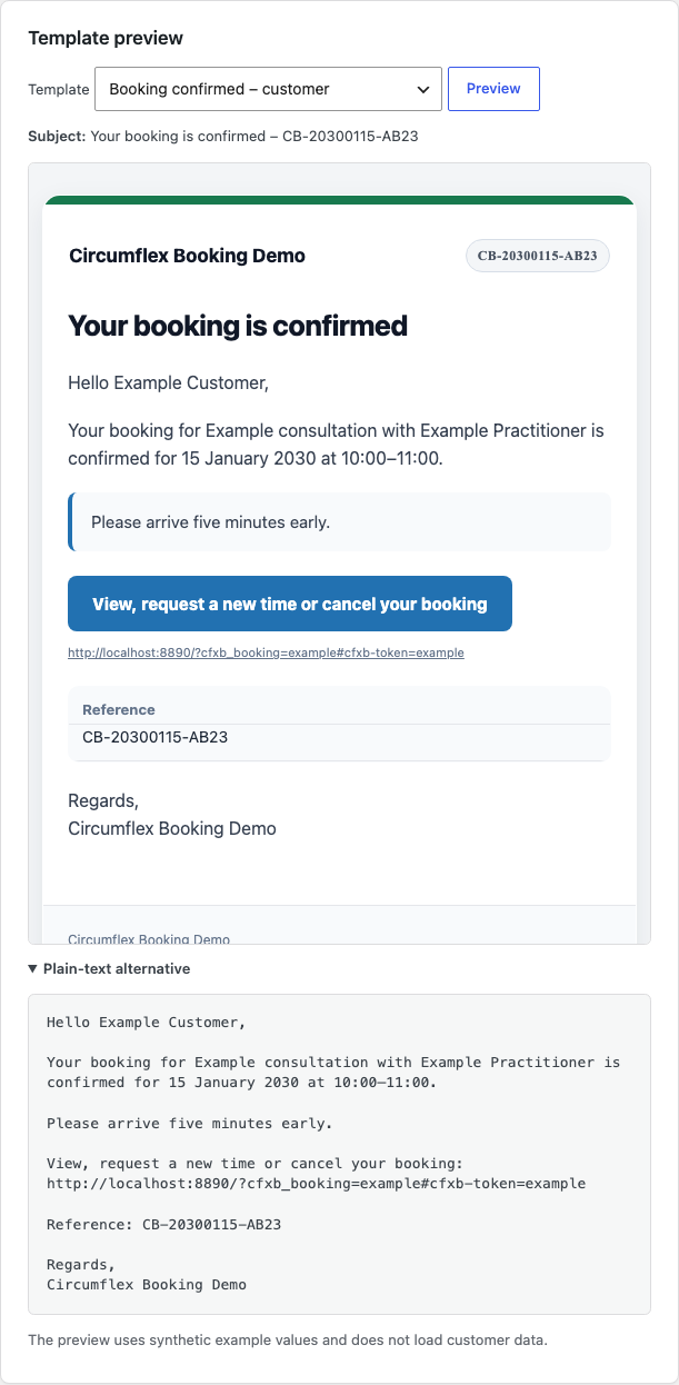 Notification previews show the responsive HTML email and plain-text version.