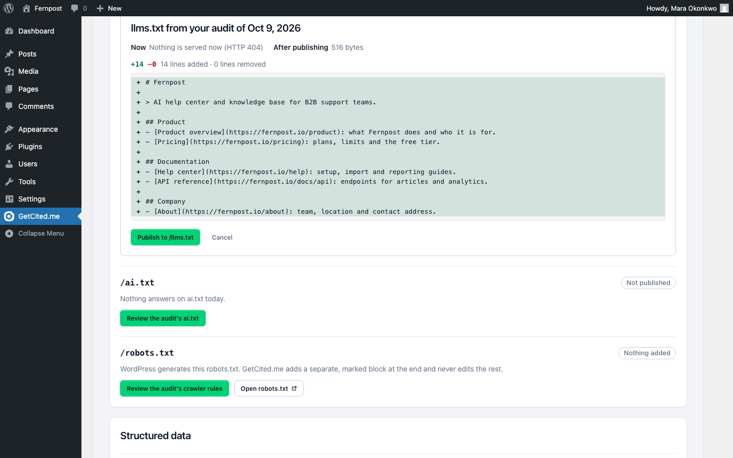 Site files: review the difference before publishing llms.txt, ai.txt or robots.txt crawler rules, and undo with one click.