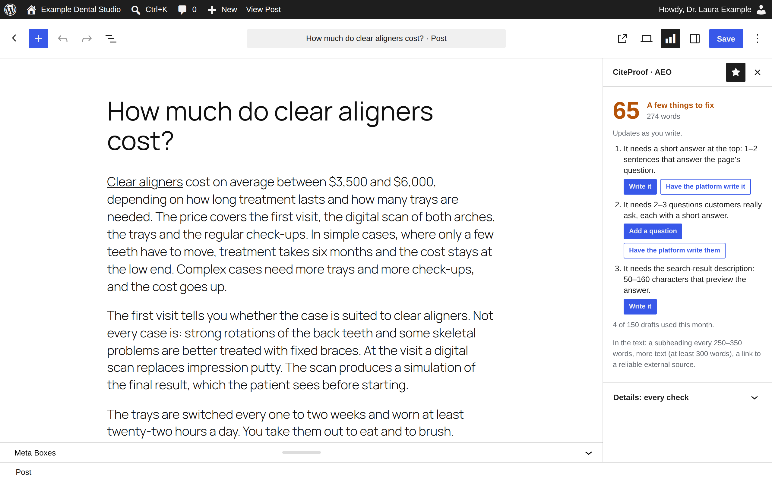 The block editor sidebar with the same list, and the details closed at the bottom.