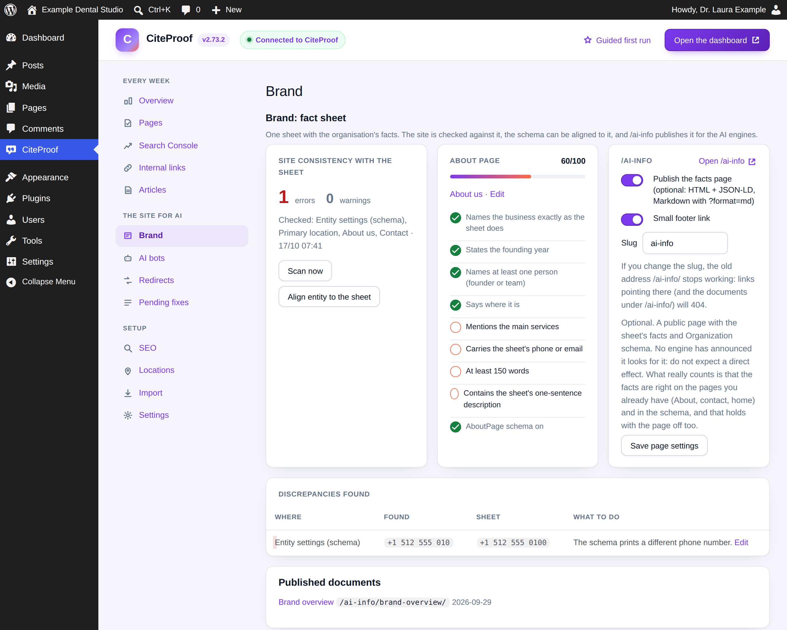 Brand: site consistency with the fact sheet, About page score, /ai-info.