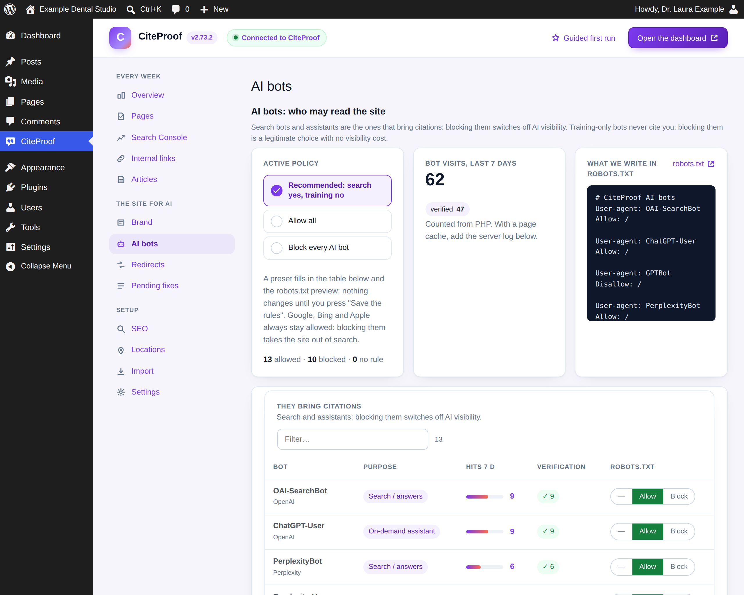 AI bots: the three policies, per-bot rules, verified visits, robots.txt preview.