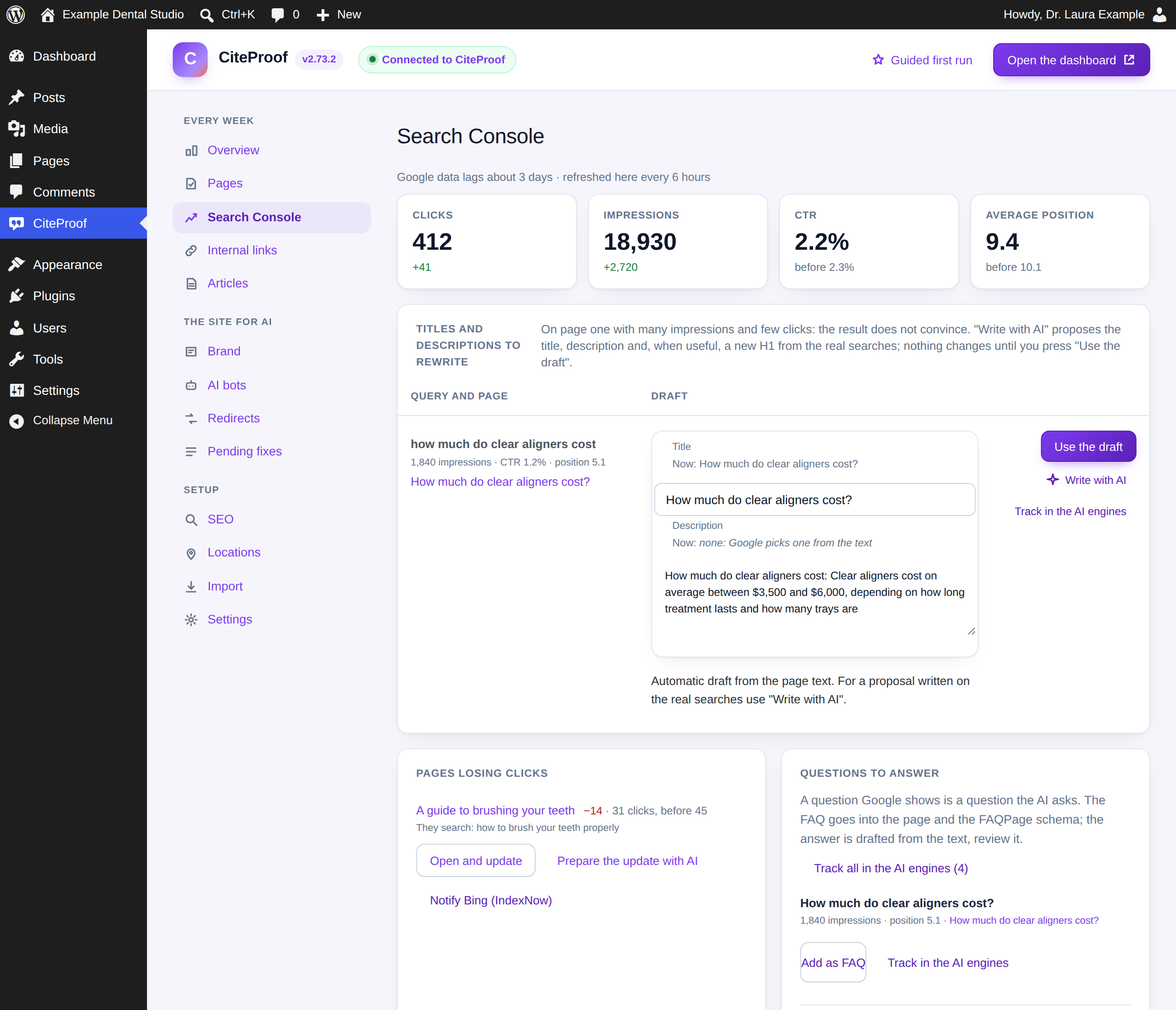 Search Console: 28-day KPIs and the three lists of things to do.