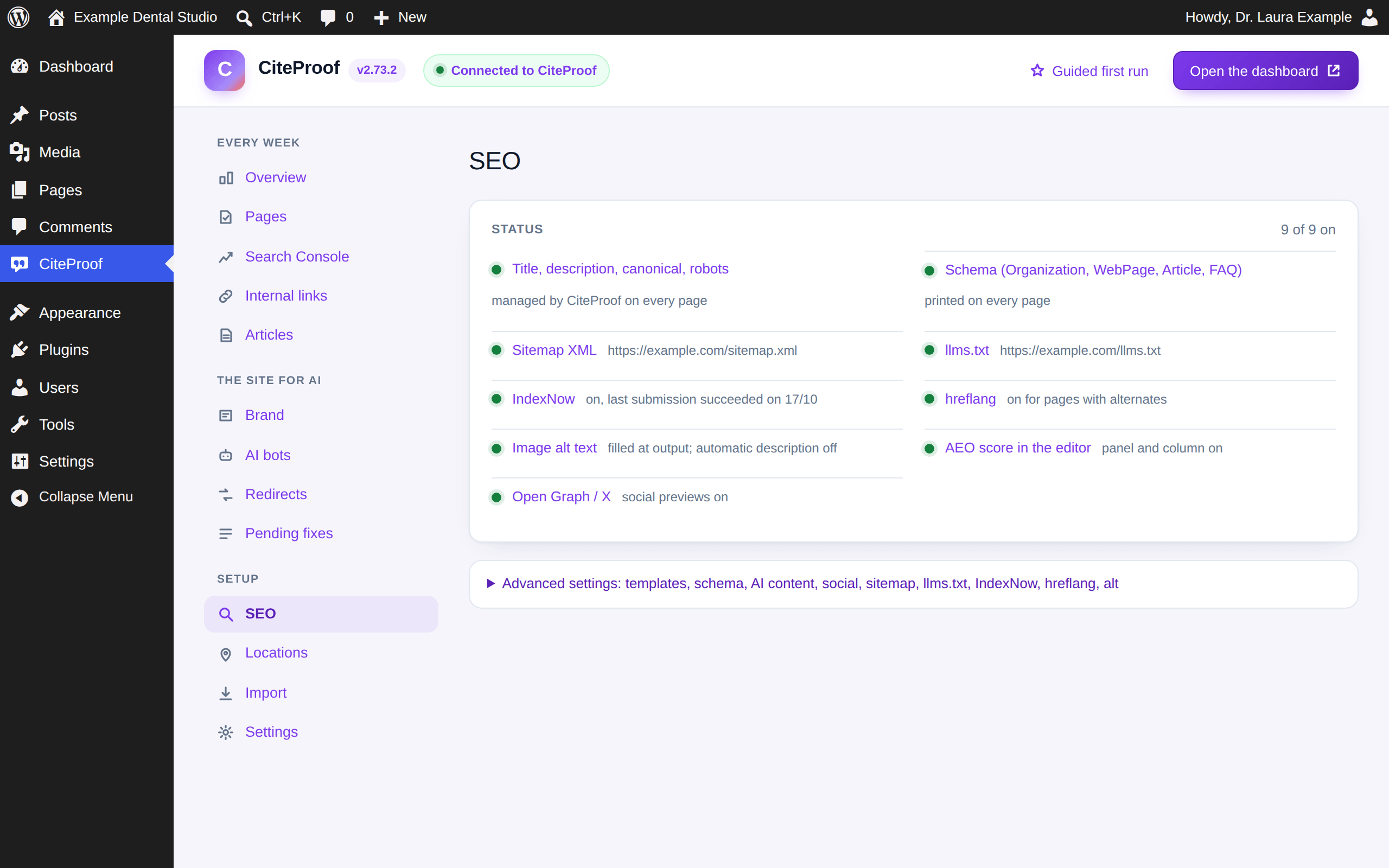 SEO: module status in green, advanced settings folded.