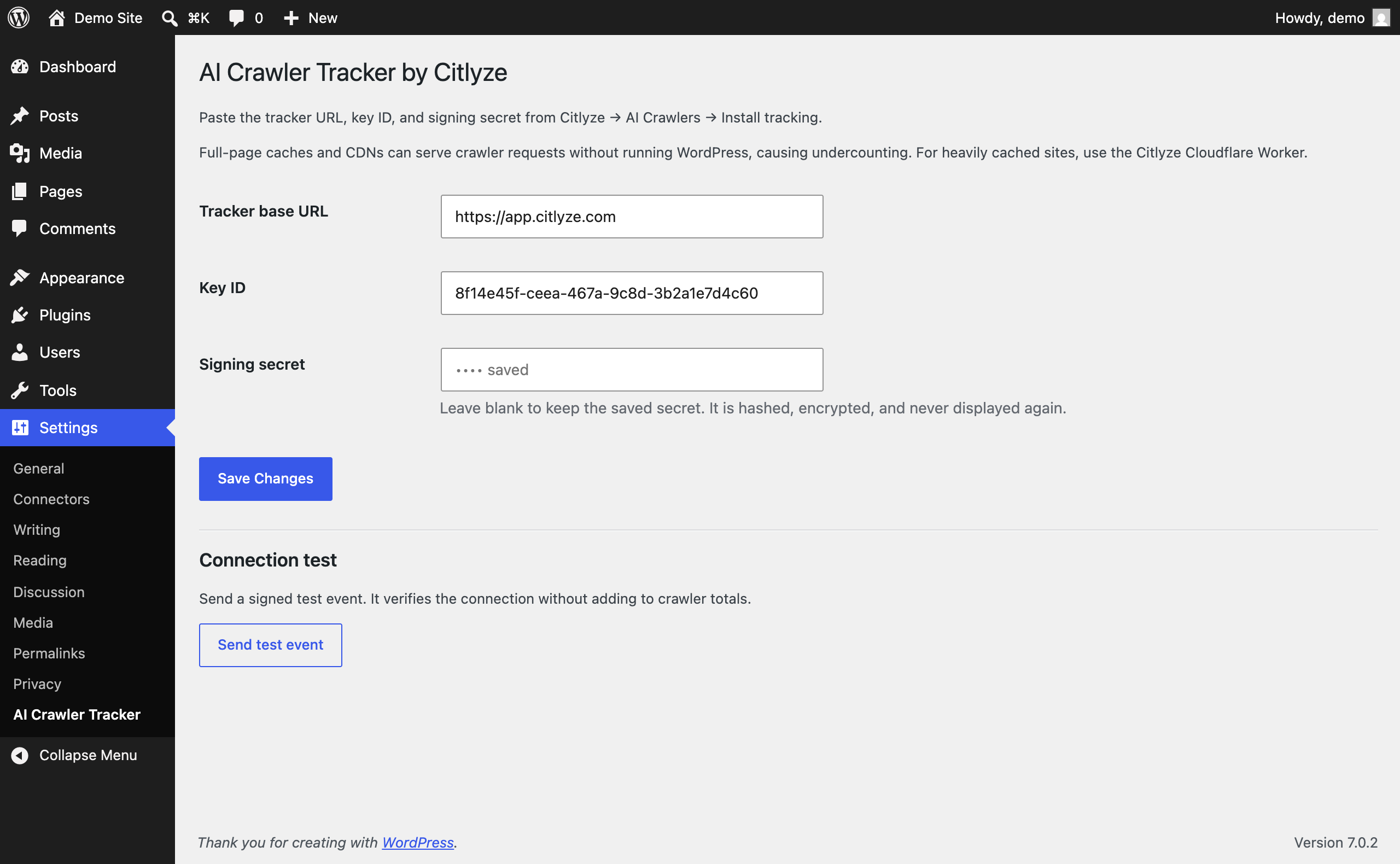 Connection settings, the write-only signing-secret field, and the signed connection test.