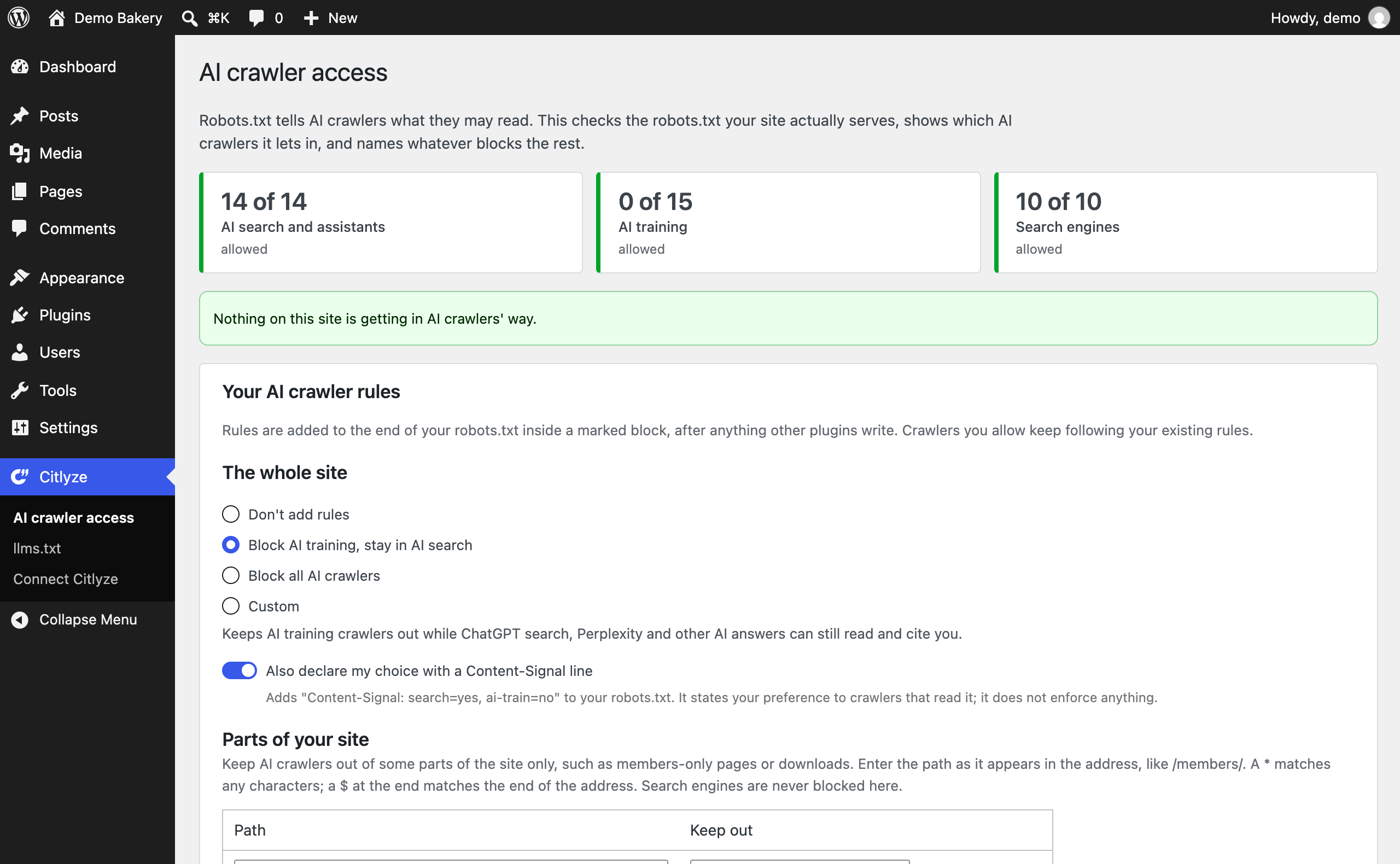 The AI crawler access check: which AI search, assistant and training crawlers your robots.txt lets in, and what blocks the rest.