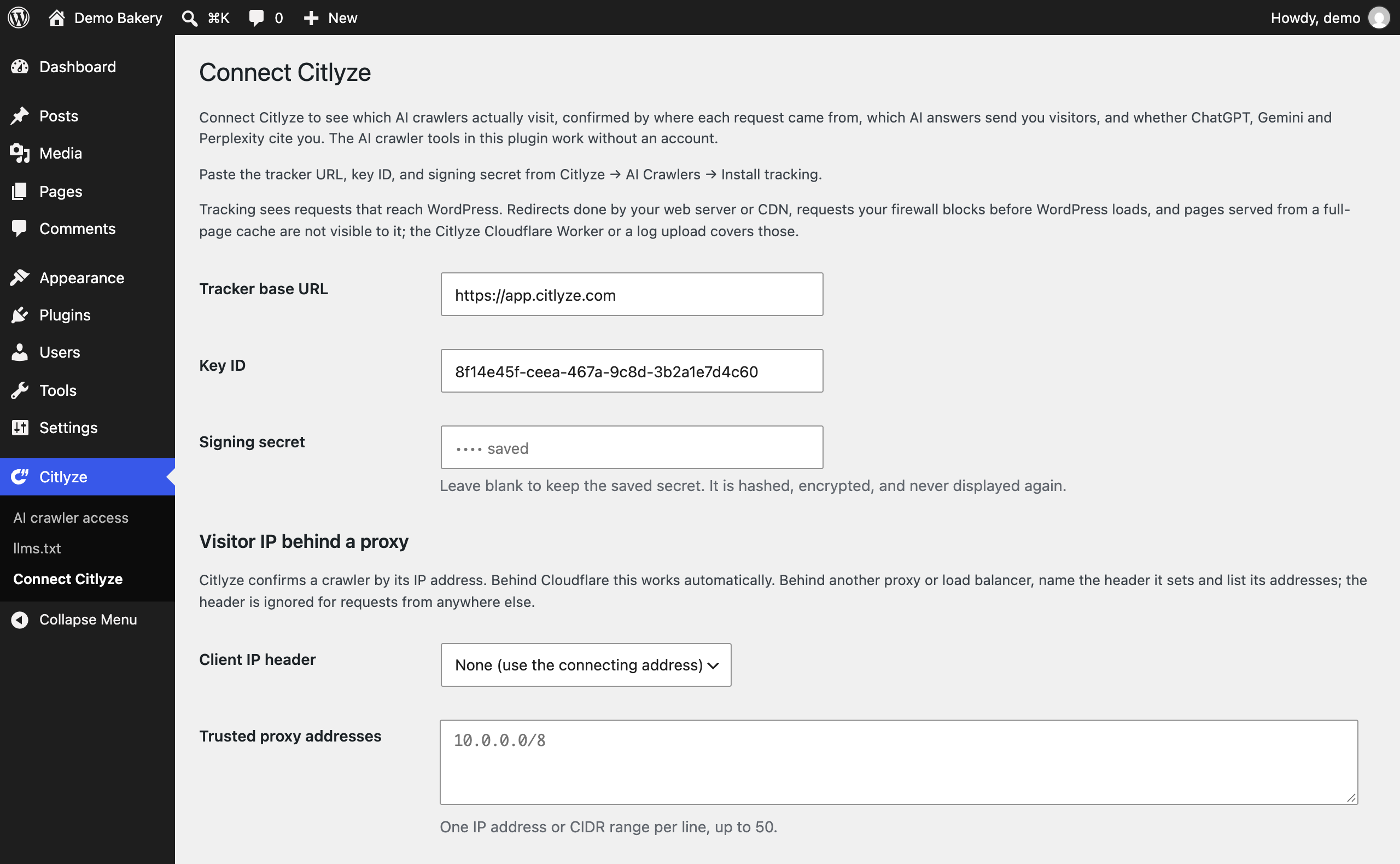 Connect Citlyze: optional tracking of verified AI crawler visits and visits from AI answers.
