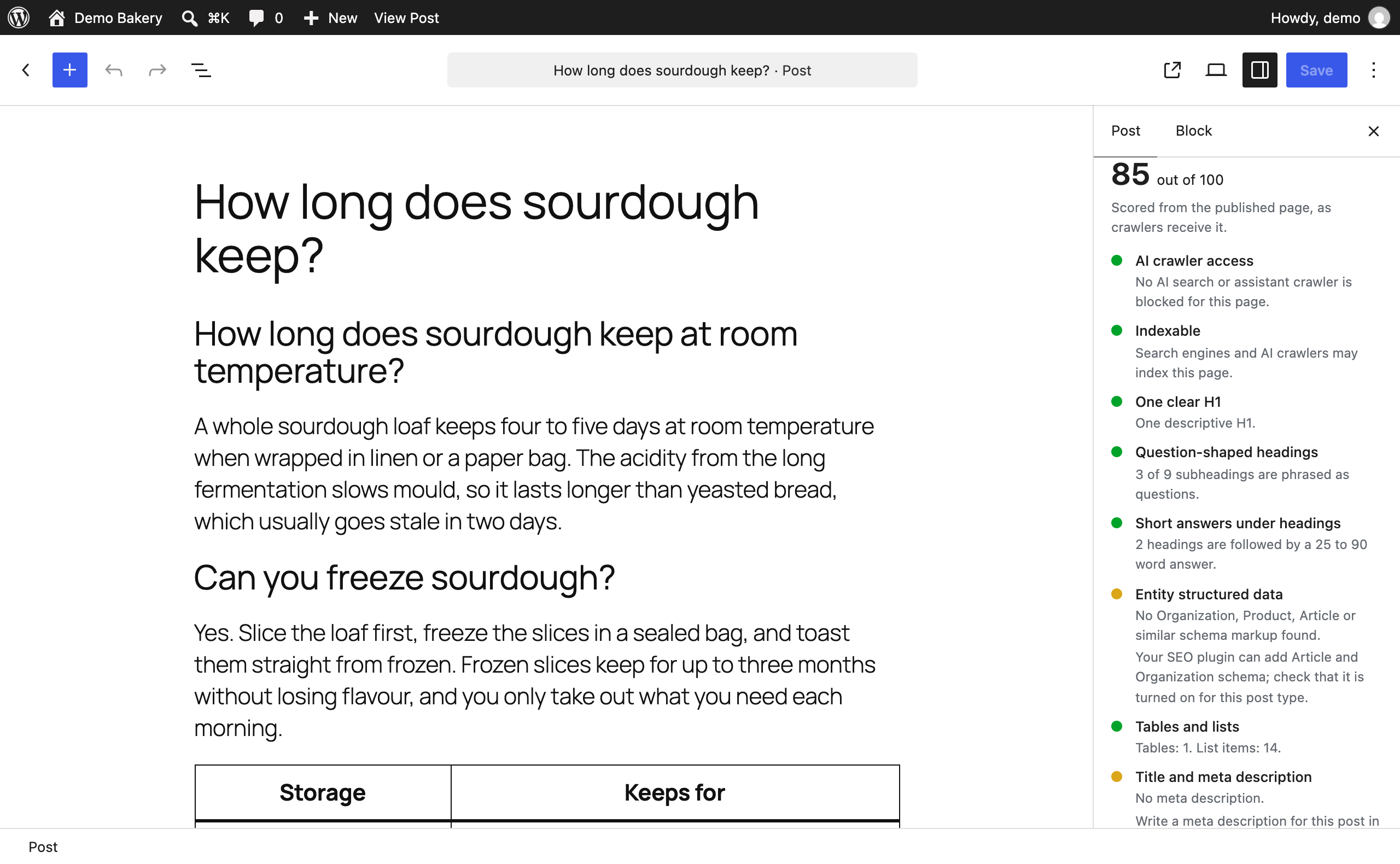 AI readiness in the block editor: the page score, with content checks that update as you write.