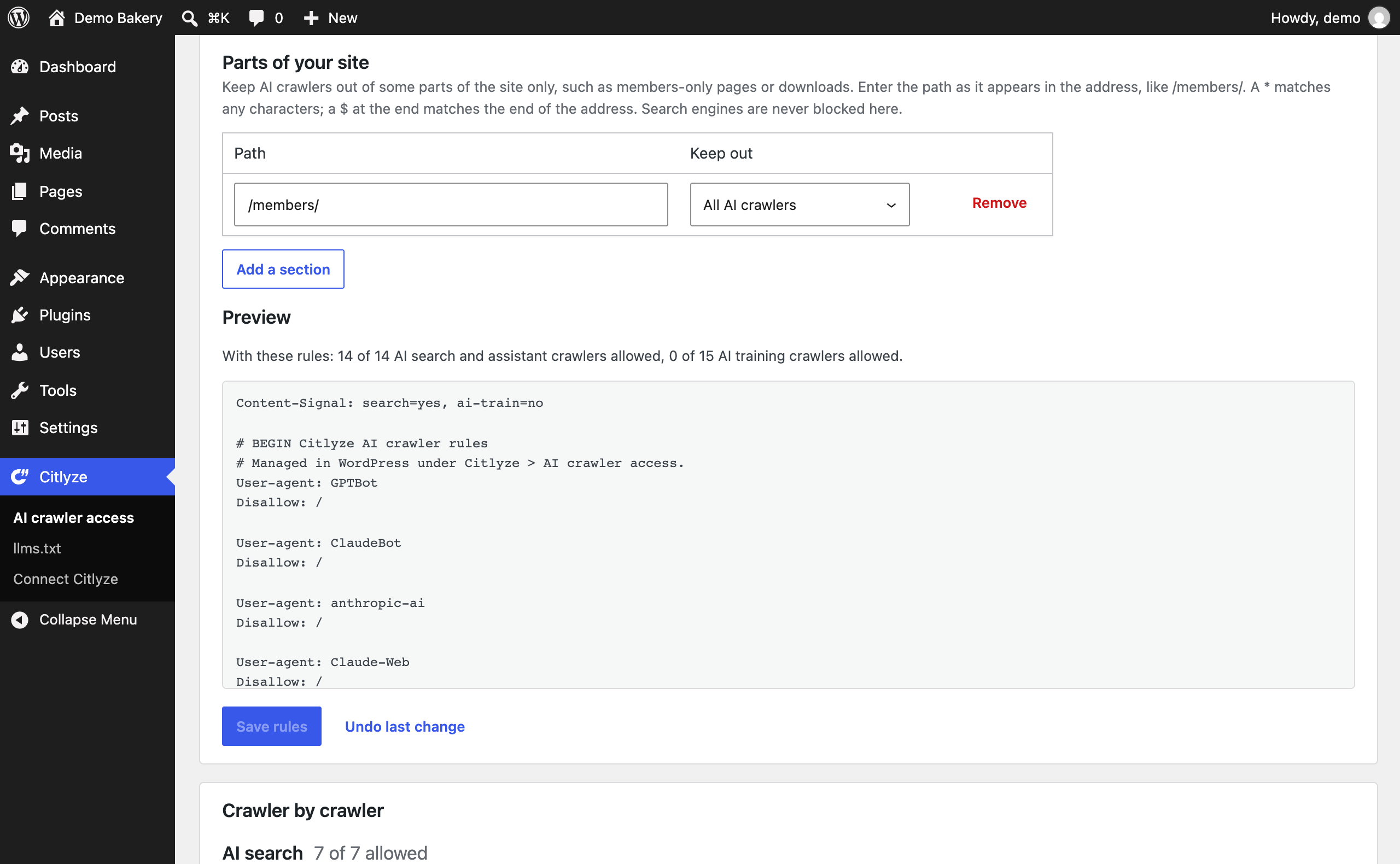 AI crawler rules for parts of your site, such as keeping AI training crawlers out of /members/.