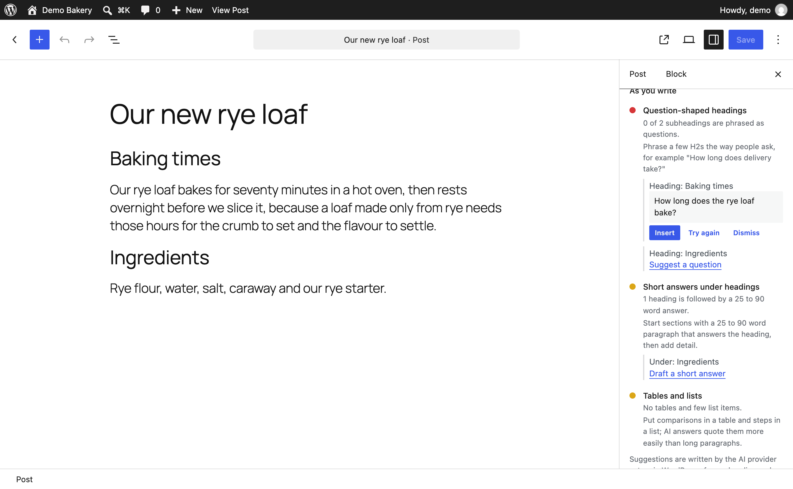 AI suggestions in the editor: a question for a heading, shown before anything changes.