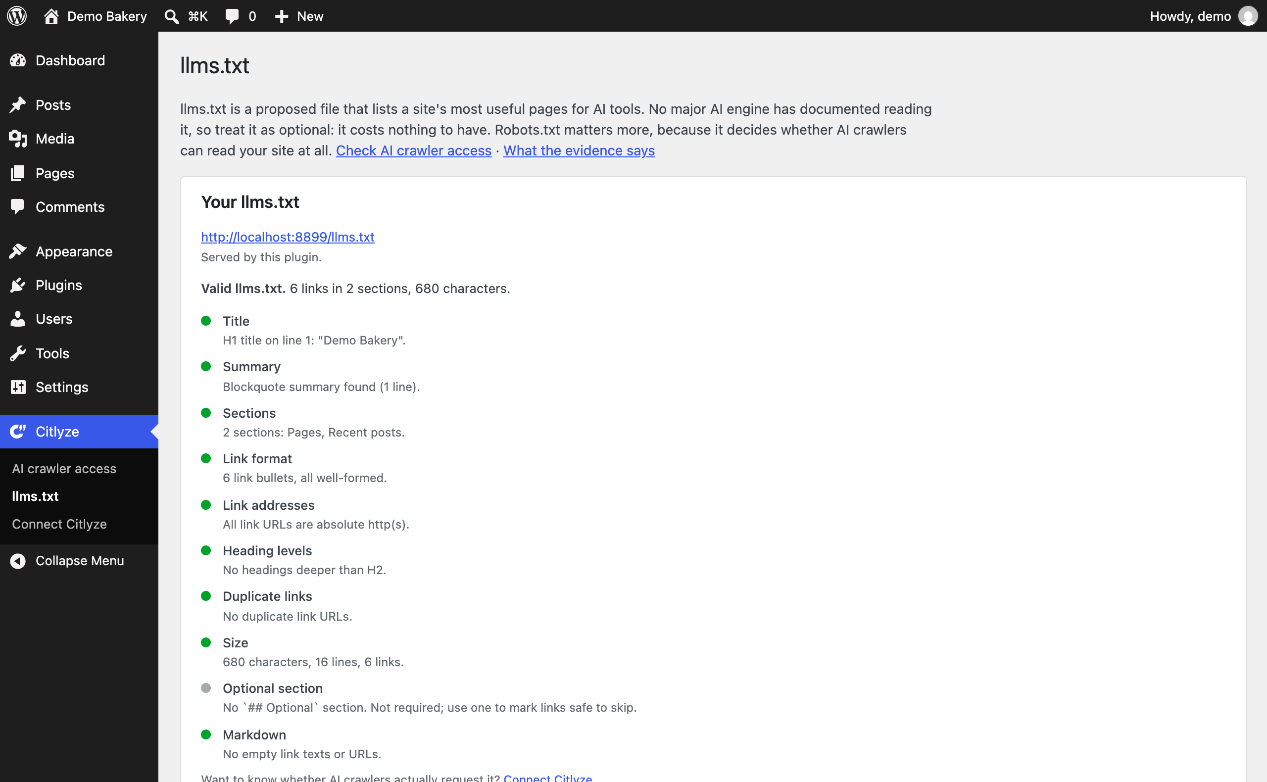 llms.txt: the file your site serves, checked against the llmstxt.org format.