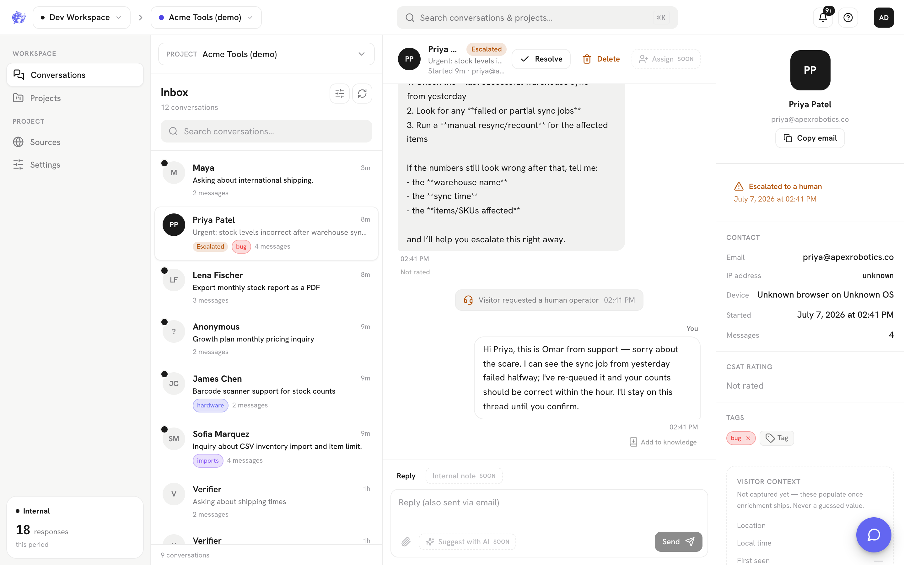 The dashboard inbox where escalated conversations land.