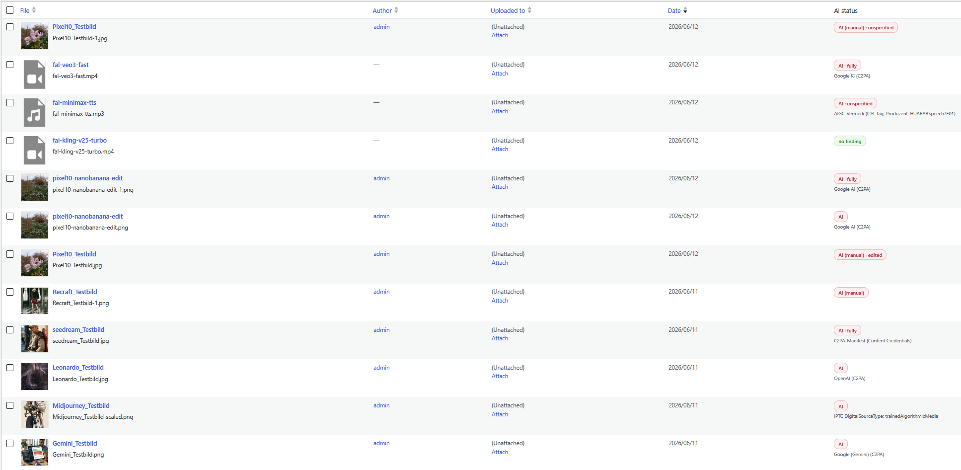 Media Library: the "AI status" column shows the detection result per file – source (e.g. Google/C2PA, IPTC, ID3 note) and method.