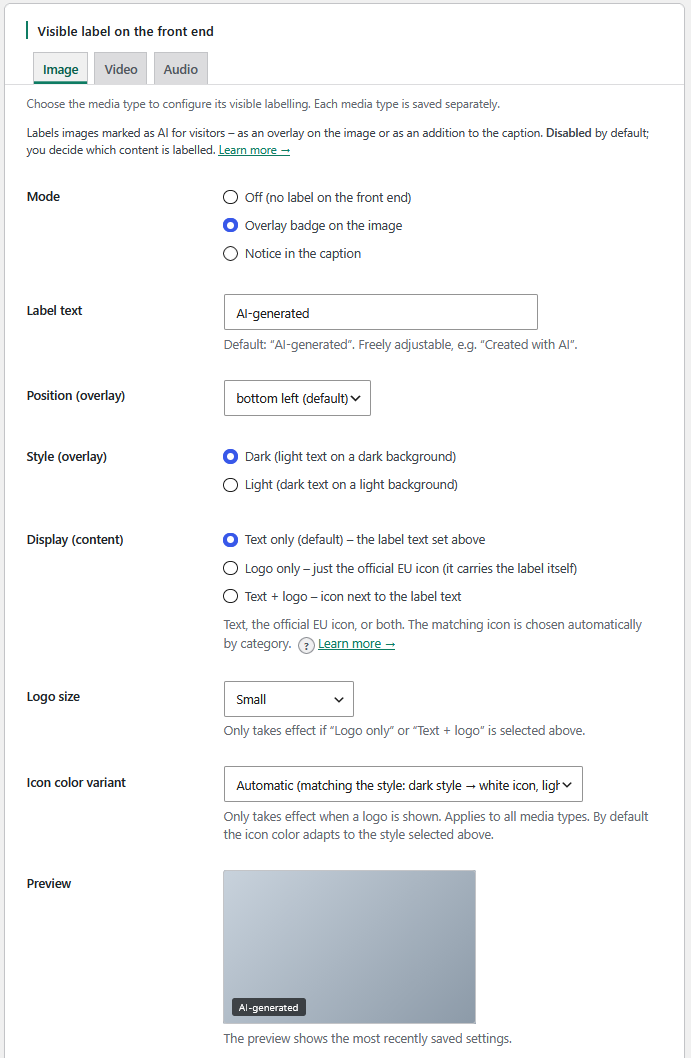 Media tab: visible label settings for images – overlay badge or caption, position, style and the optional official EU icon, with a live preview.