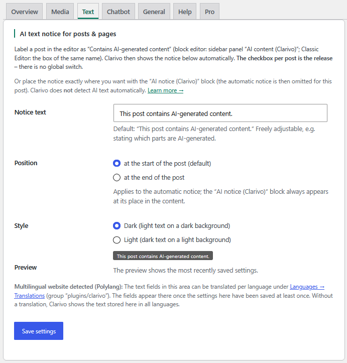 Text tab: the "Contains AI-generated content" note with configurable text, position and style.