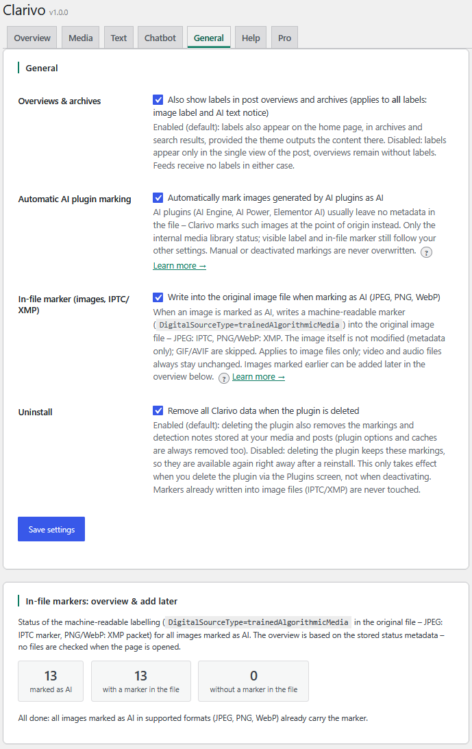 General tab: the machine-readable in-file note (IPTC/XMP) for images, automatic marking of AI-plugin images, and clean-uninstall options.