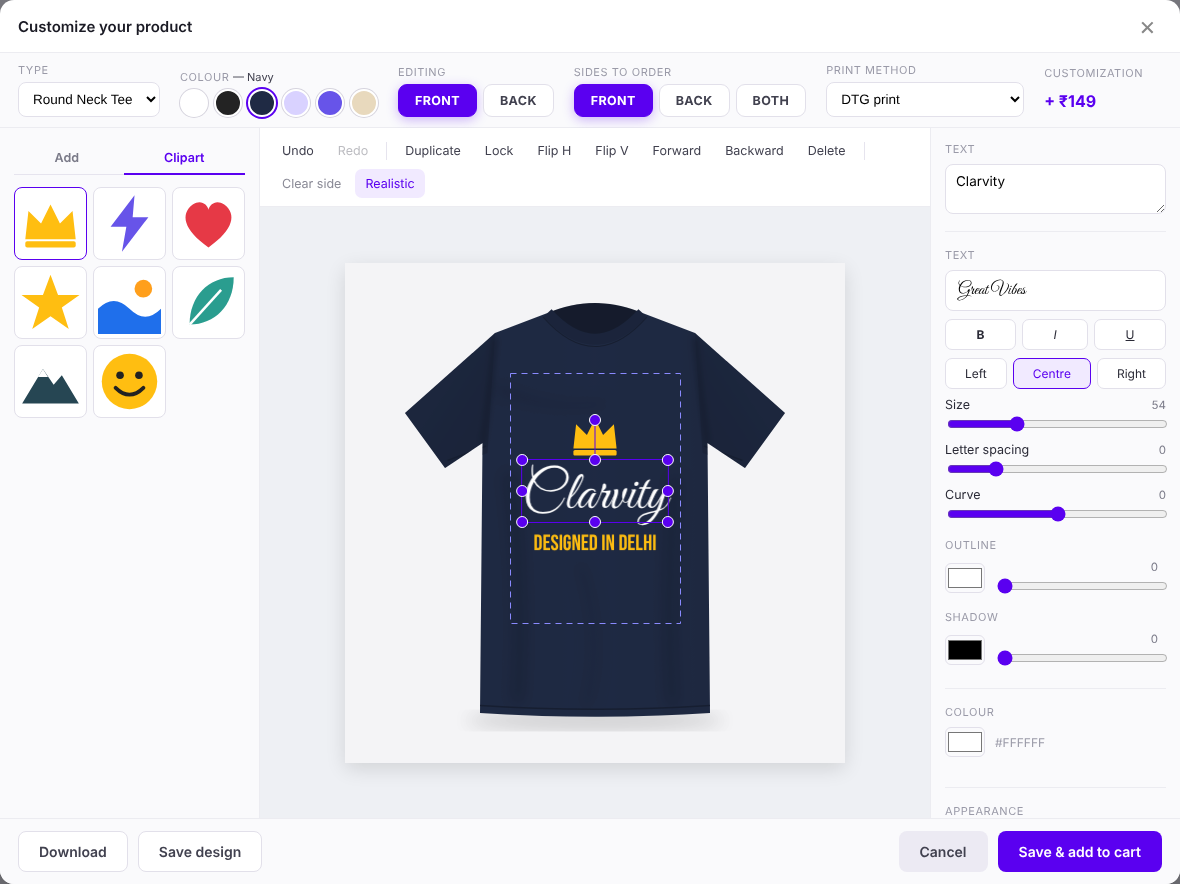 The live editor: pick the product type and colour, then add text and clipart. Script fonts render in their own typeface.